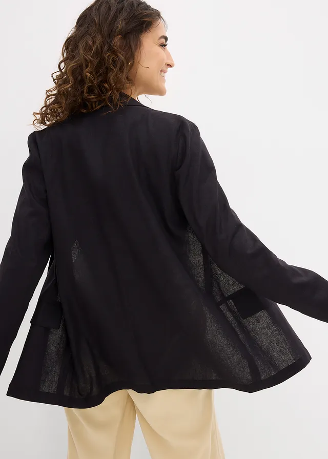 Blazer ample en mélange lin-viscose, Couleur: noir