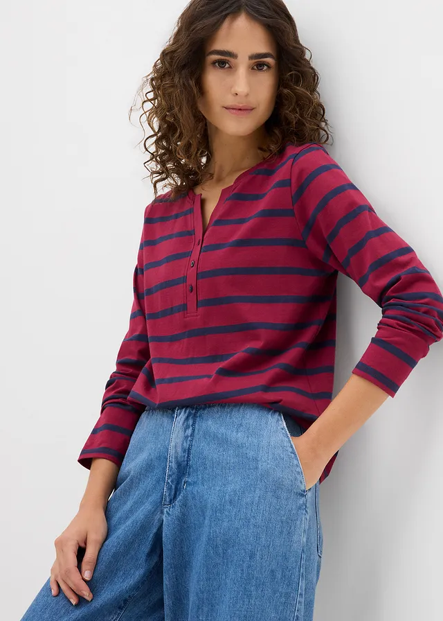 T-shirt col Henley, 100% coton, Couleur: rhododendron/bleu foncé rayures