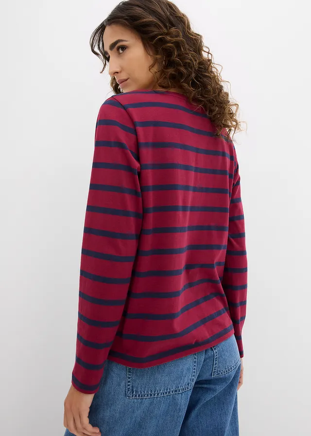 T-shirt col Henley, 100% coton, Couleur: rhododendron/bleu foncé rayures