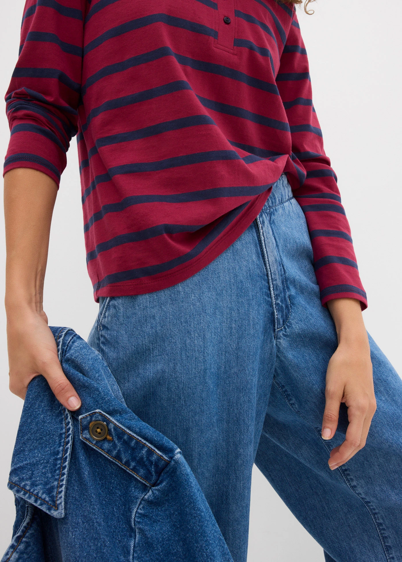 Bluză henley din bumbac organic • roșu-azalee-bleumarin dungat circular • magazin bonprix