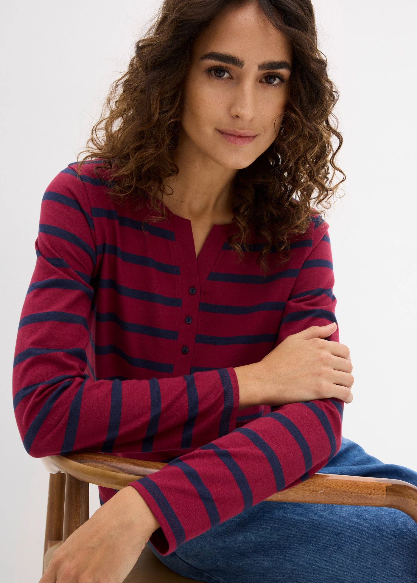 T-shirt col Henley, 100% coton • rhododendron-bleu foncé rayures • Boutique bonprix