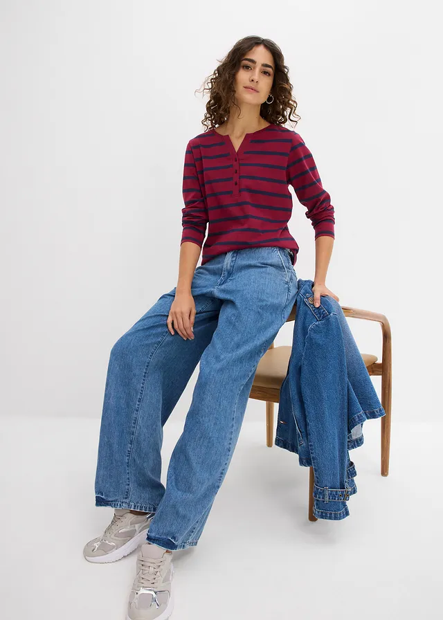 T-shirt col Henley, 100% coton, Couleur: rhododendron/bleu foncé rayures