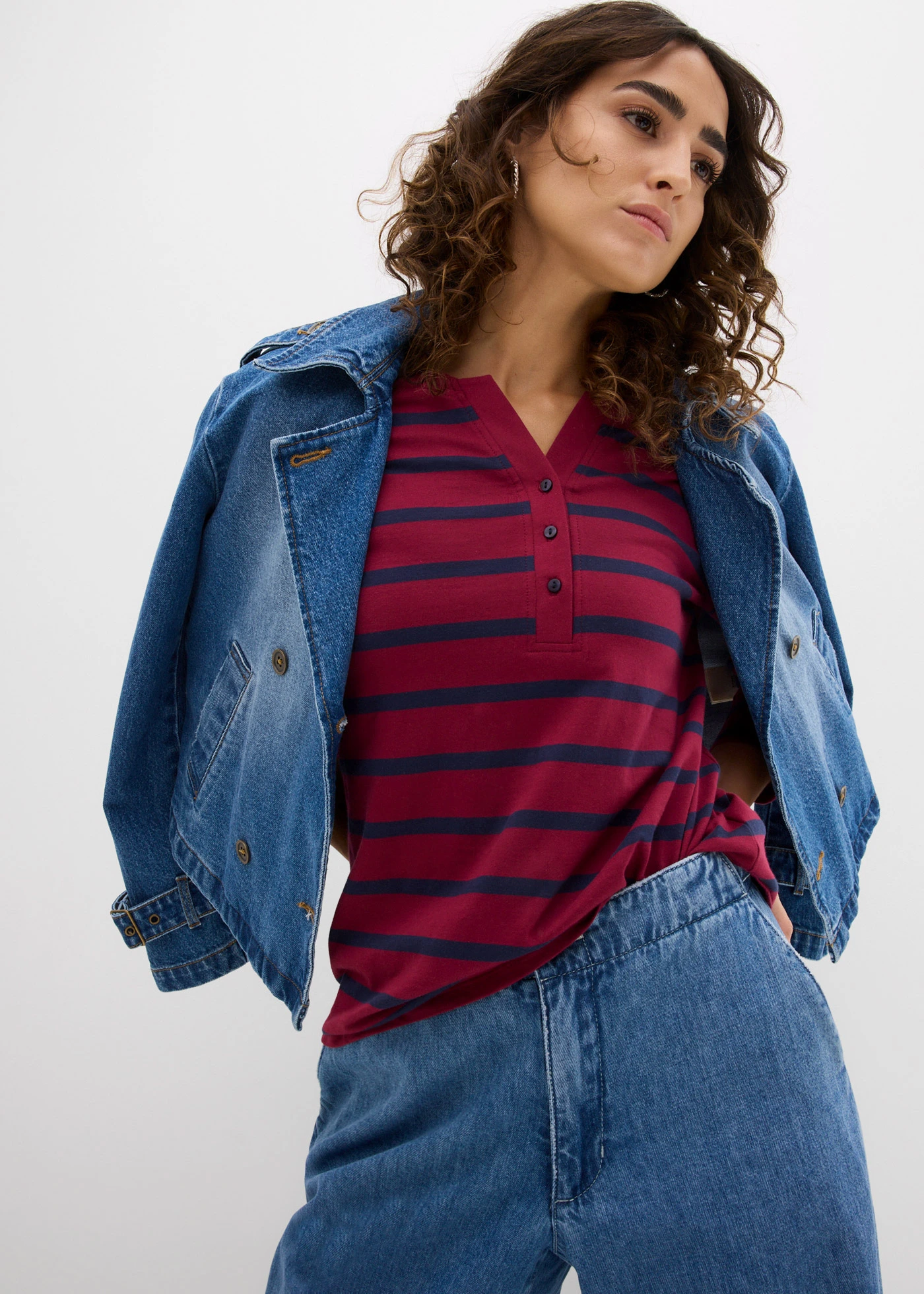 Henley shirt van biologisch katoen • rododendronrood-donkerblauw strepen • bonprix online shop