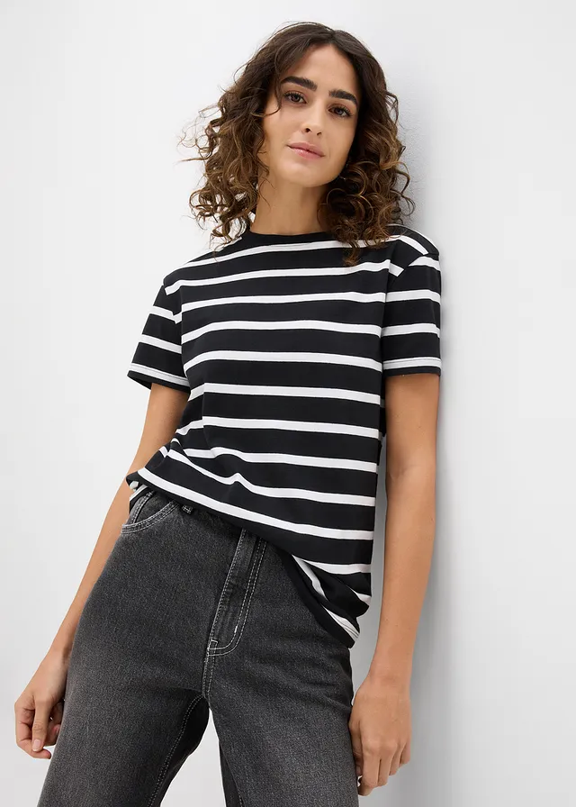 Lot de 2 T-shirts 100% coton, Couleur: noir-écru rayé