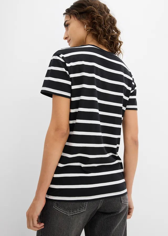 Lot de 2 T-shirts 100% coton, Couleur: noir-écru rayé