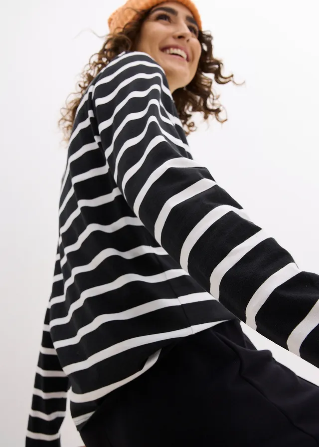 T-shirt col Henley, 100% coton • noir/blanc rayures • product-page.page-title-suffix