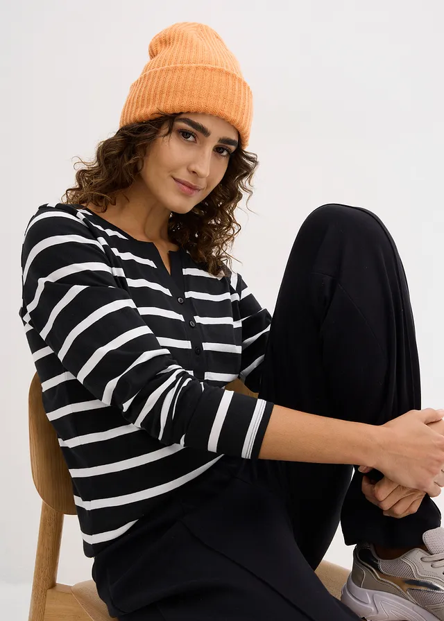 T-shirt col Henley, 100% coton • noir/blanc rayures • product-page.page-title-suffix