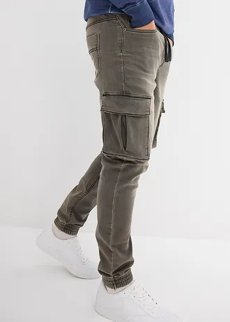 Joggingové cargo džíny Slim Fit, Straight, s pružným pasem • světle šedý denim-hnědá • bonprix obchod