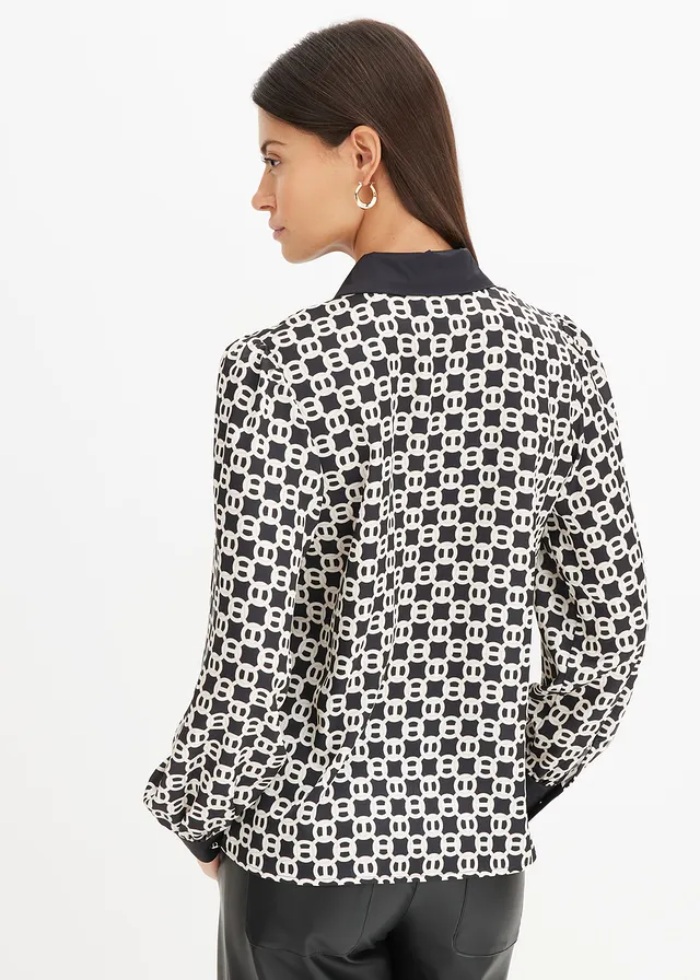 Satijnen blouse, Kleur: zwart-wolwit grafische print