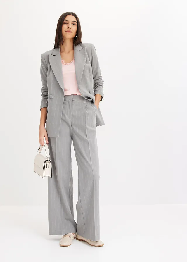 Blazer met krijtstrepen, Kleur: grijs-beige gestreept