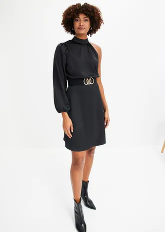 Šaty na jedno rameno, z lesklého saténu • čierna • obchod bonprix