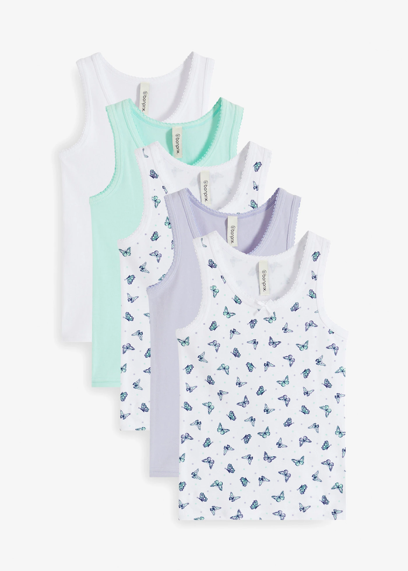 Lot de 5 débardeurs • blanc imprimé+vert menthe+mauve poudré • Boutique bonprix