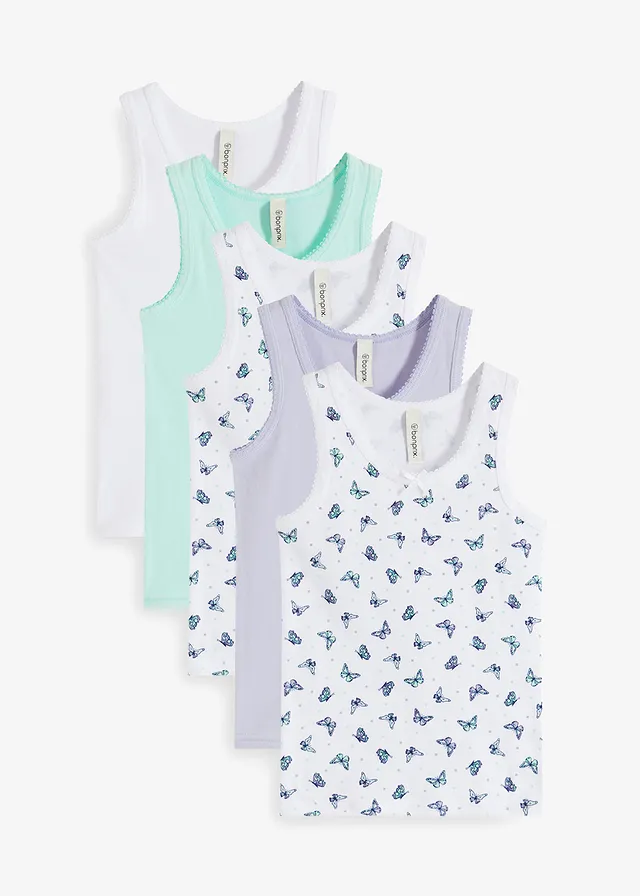 Lot de 5 débardeurs • blanc imprimé+vert menthe+mauve poudré • Boutique bonprix