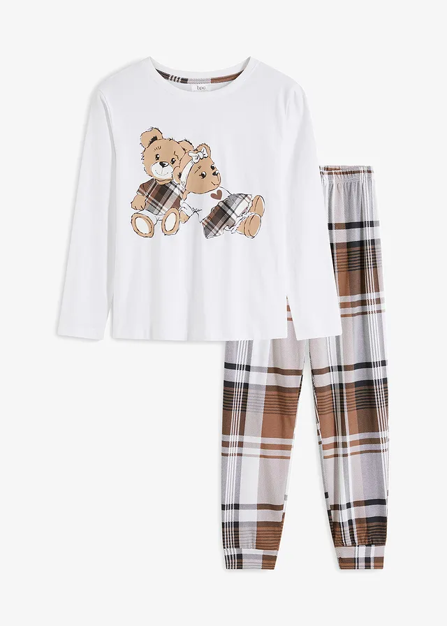 Meisjes pyjama (2-dlg. set), Kleur: wit-kastanjebruin geruit
