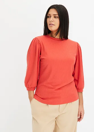 Geribd shirt met ballonmouwen, Kleur: mat koraal