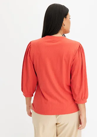 Geribd shirt met ballonmouwen, Kleur: mat koraal