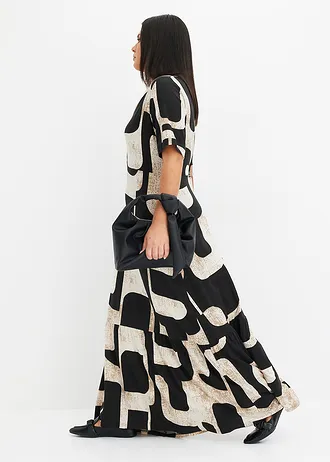 Rochie maxi din amestec moale cu viscoză, culoare: negru-crem cu imprimeu grafic