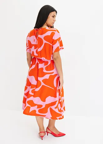Gedessineerde midi jurk, Kleur: oranje-pink grafische print