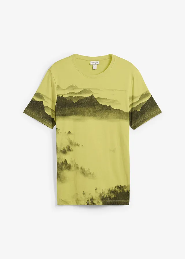 T-shirt, Kleur: geelgroen bedrukt
