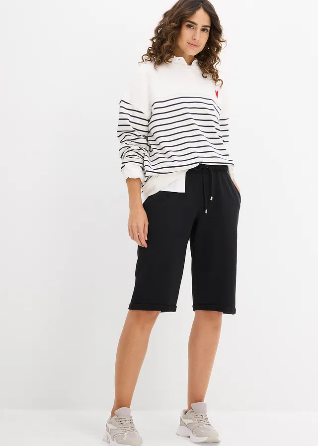 Oversized sweater in een katoenmix, Kleur: wolwit-donkerblauw gestreept