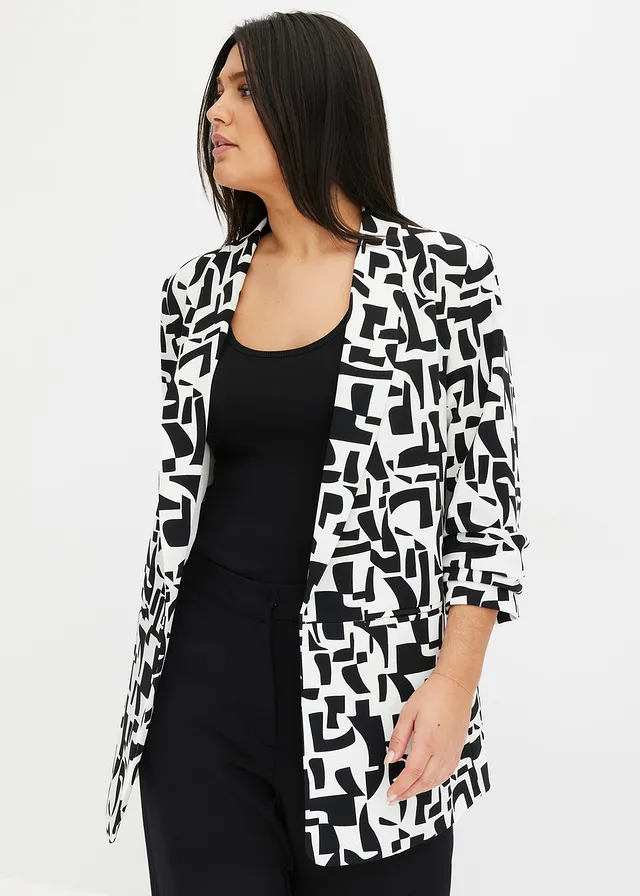 Lange blazer met print, Kleur: wit-zwart grafische print