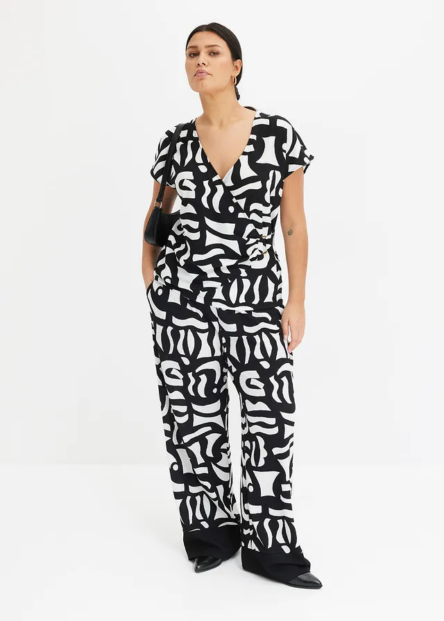 Gedessineerde jersey broek, Kleur: zwart-wit grafische print