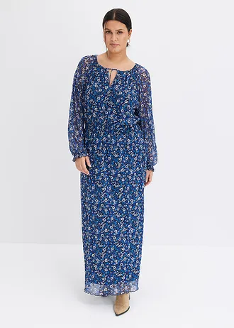 Gebloemde maxi jurk van mesh, Kleur: zwart-crème-blauw gebloemd