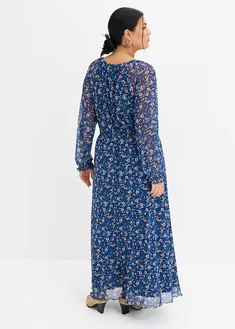 Gebloemde maxi jurk van mesh, Kleur: zwart-crème-blauw gebloemd