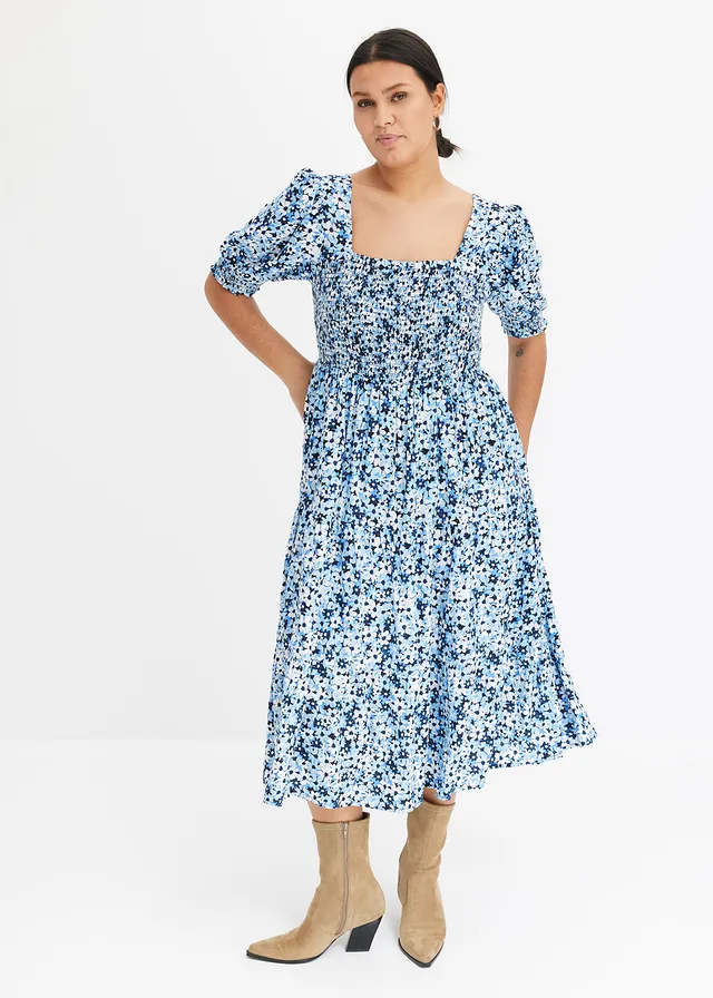 Robe midi imprimée, Couleur: bleu clair à fleurs