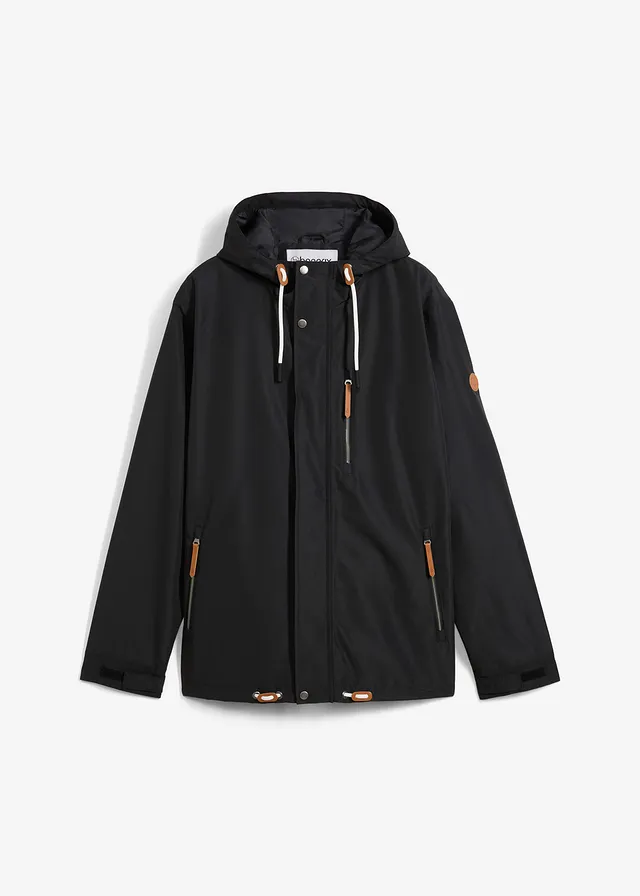 Outdoor jas met capuchon en details van imitatieleer, waterdicht, Kleur: zwart
