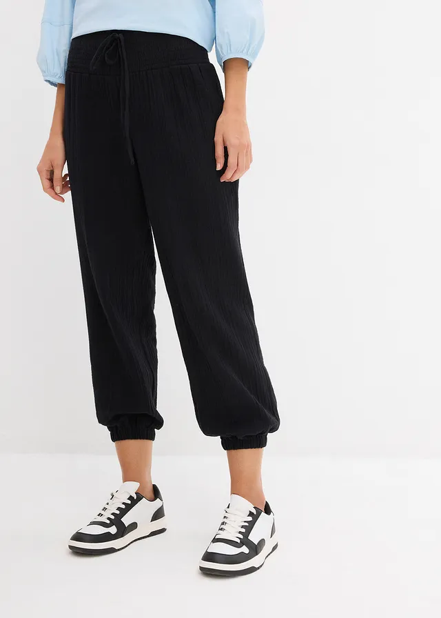 Pantaloni cu talie încrețită, din muselină • negru • magazin bonprix