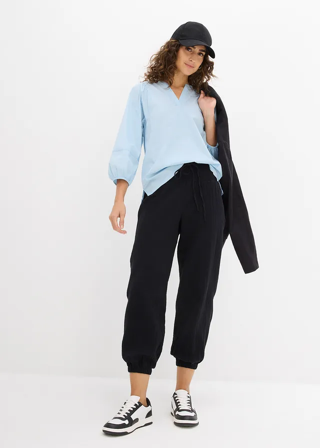 Pantalon en gaze de coton avec ceinture smockée noir