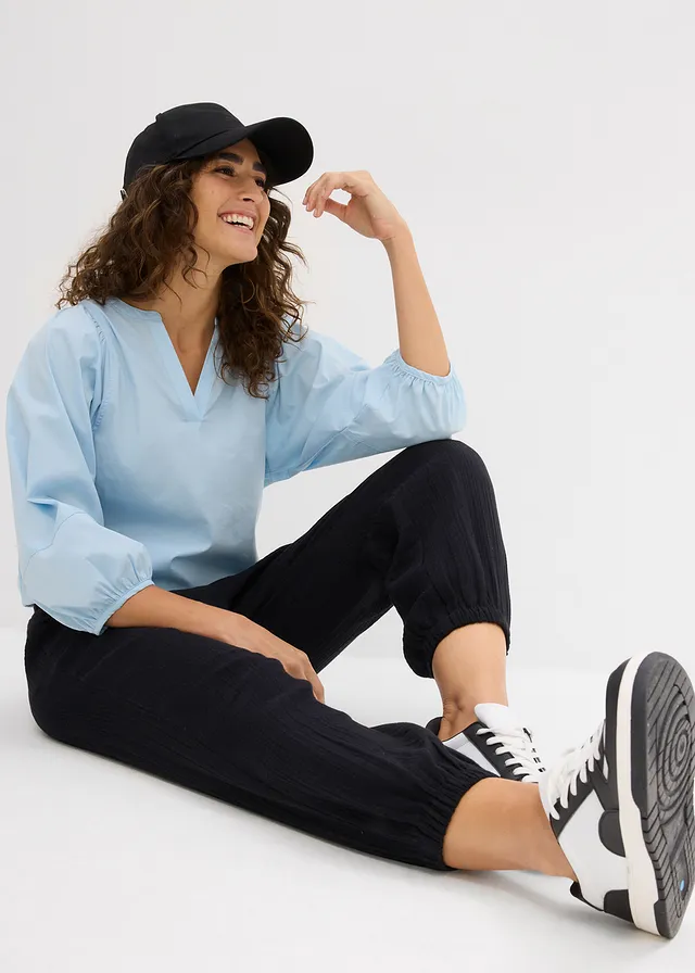 Mušelínové kalhoty s nařaseným pasem • černá • bonprix obchod