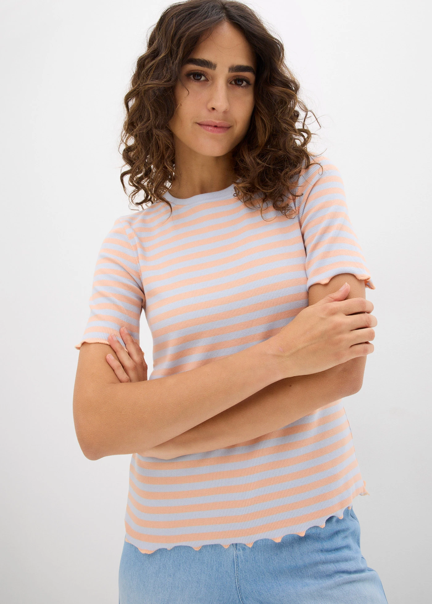 Geribd shirt shirt met korte mouwen • zachtblauw-melba gestreept • bonprix online shop