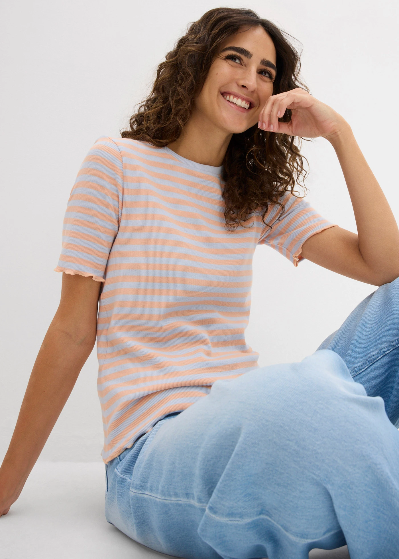 Geribd shirt shirt met korte mouwen • zachtblauw-melba gestreept • bonprix online shop