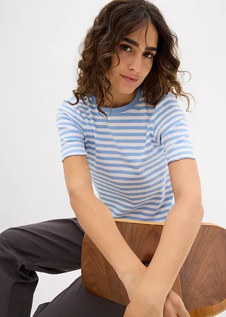 Geribd shirt shirt met korte mouwen • lichtblauw-wit gestreept • bonprix online shop