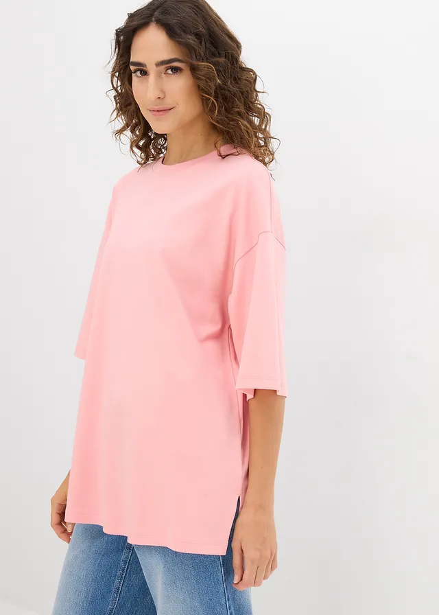 T-shirt long en interlock, Couleur: rose pâle