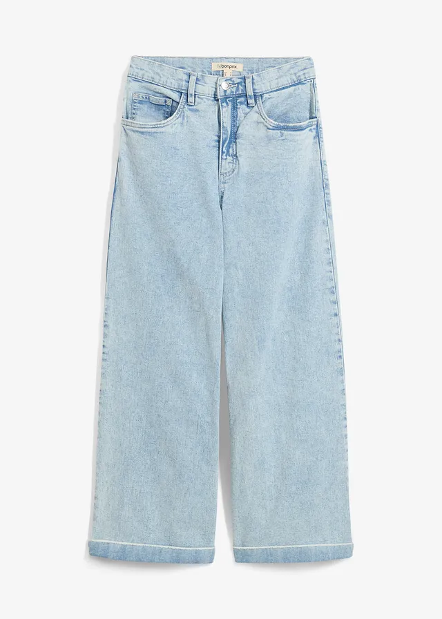 Jean large, taille haute, raccourci, Couleur: bleu glacier denim used