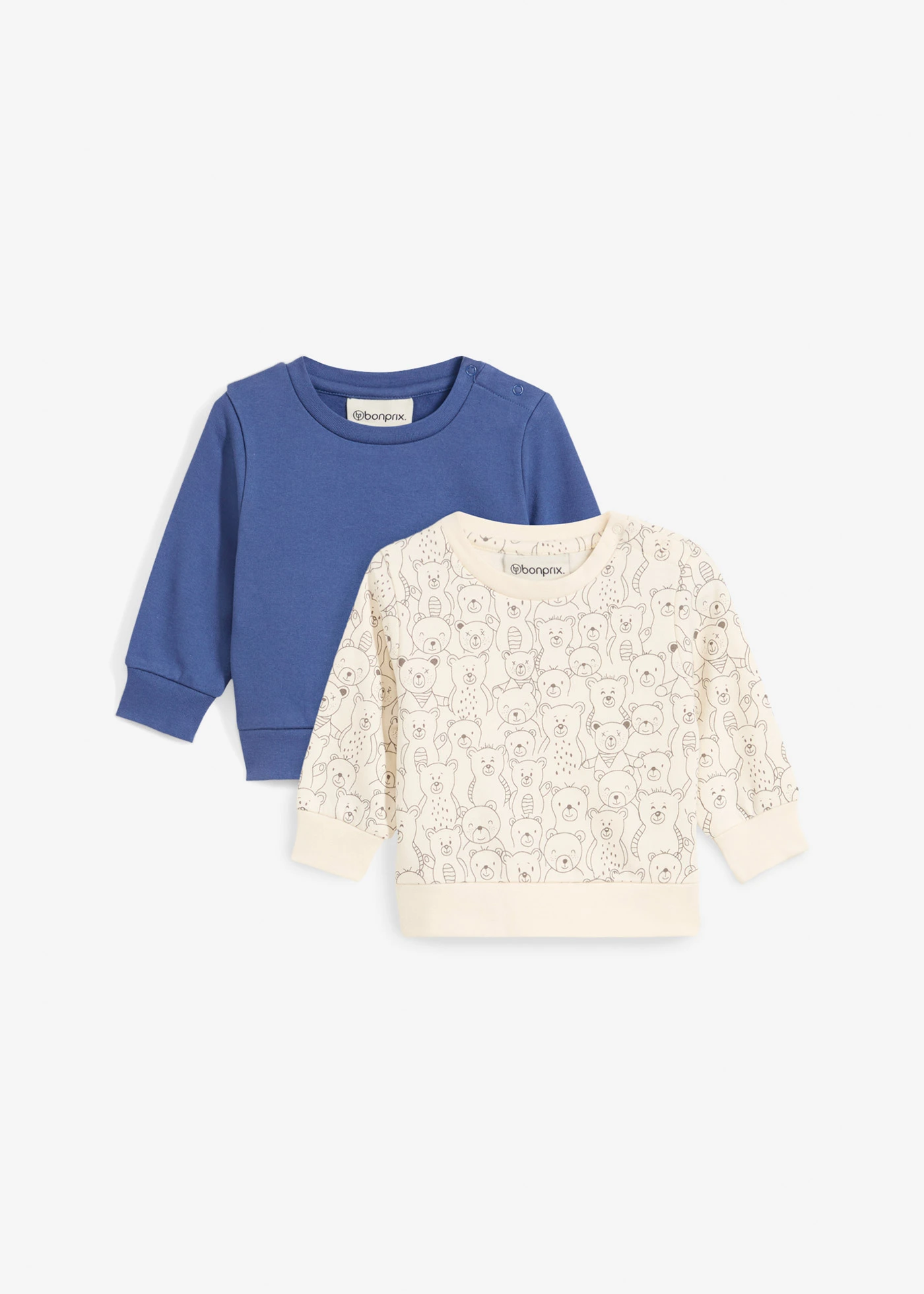 Lot de 2 sweats 100% coton • indigo clair+beige naturel imprimé • Boutique bonprix
