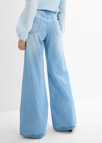 Jean large, taille haute et élastiquée, Couleur: bleu clair denim used