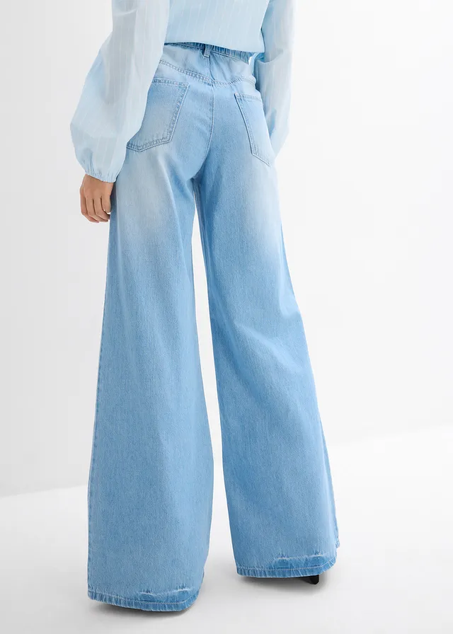 Wide leg jeans, high waist, full length met comfortband, Kleur: lichtblauw denim used