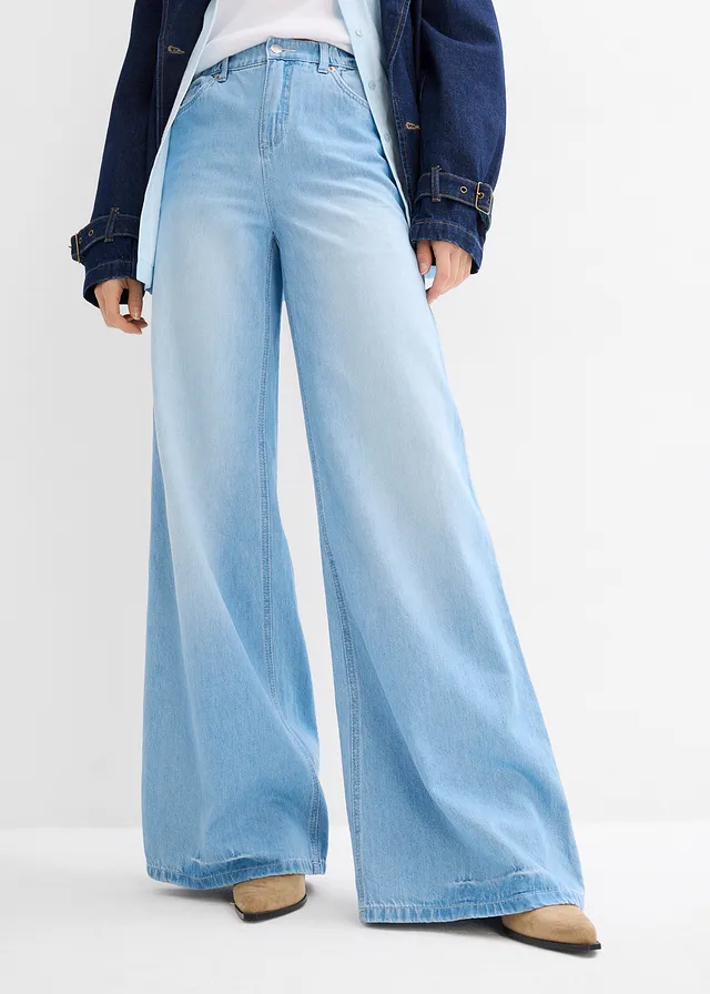 Wide leg jeans, high waist, full length met comfortband, Kleur: lichtblauw denim used
