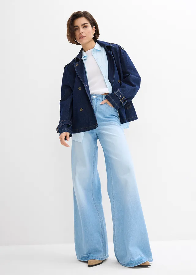 Wide leg jeans, high waist, full length met comfortband, Kleur: lichtblauw denim used