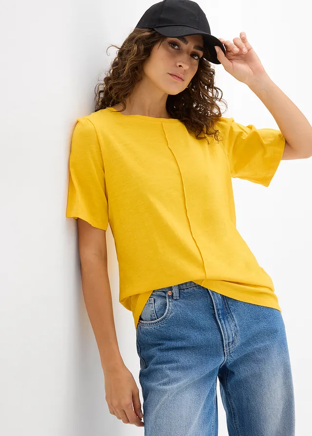 T-shirt van katoen, Kleur: saffraangeel