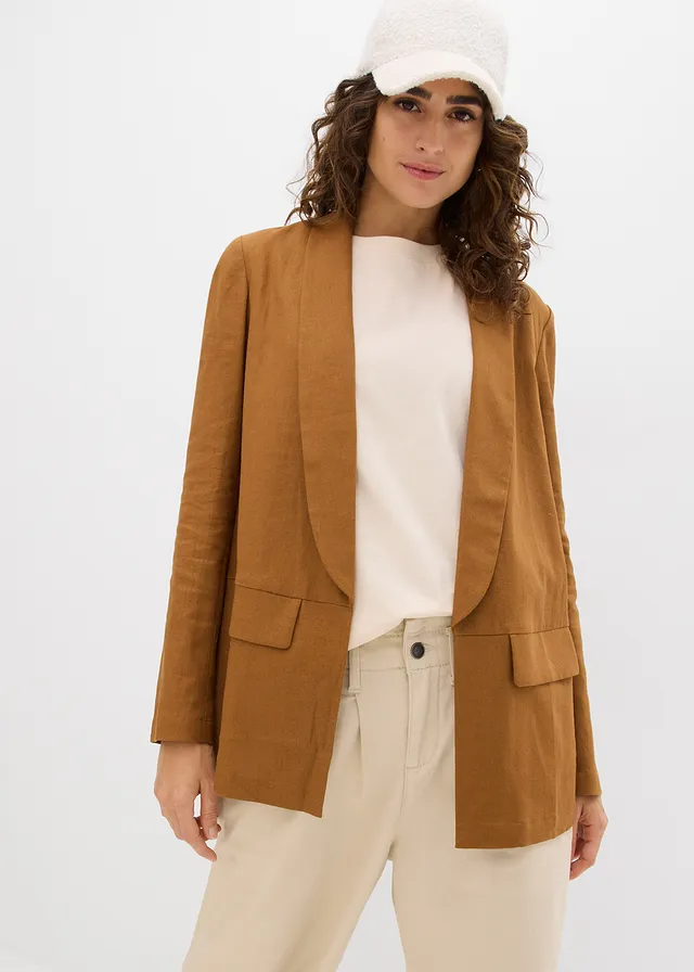 Blazer ample en mélange lin-viscose, Couleur: cognac