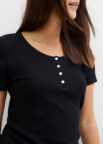 T-shirt col tunisien, 100% coton • noir • Boutique bonprix