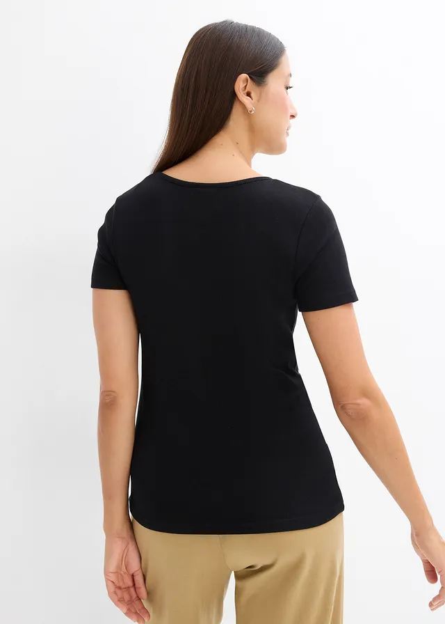 T-shirt col tunisien, 100% coton, Couleur: noir