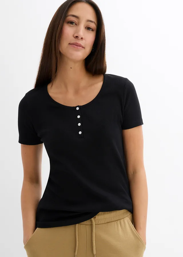 T-shirt col tunisien, 100% coton, Couleur: noir