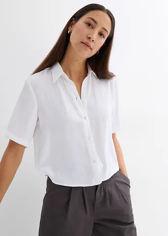 Boxy blouse van lichte crêpe, Kleur: wit