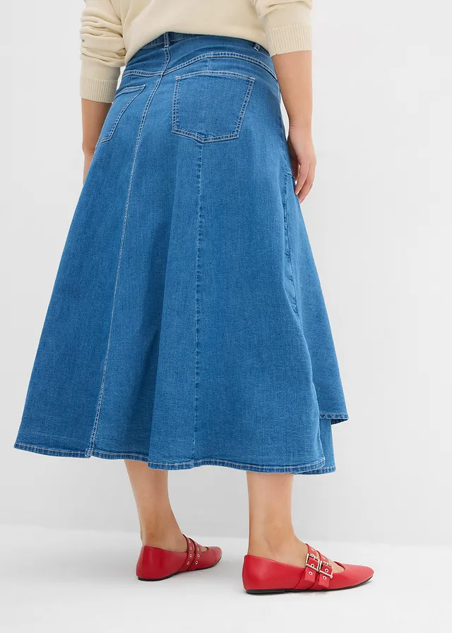 Midi spijkerrok, hight waist, Kleur: lichtblauw denim used